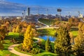 Autumn cityscape - view of the Olympiapark or Olympic Park and Olympic Lake in Munich Royalty Free Stock Photo