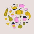 Autumn clipart. Vector flat illustration. Tea, coffee, pumpkins, warmth and comfort set Royalty Free Stock Photo