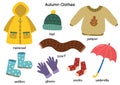 Autumn clothes set with raincoat, jumper, hat, wellies. Fall season outfit collection