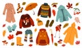 Autumn clothing. Casual wears, outdoor outfits, rainy season accessories, shoes, raincoats and gloves, warm sweaters and