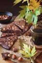 Autumn coffee pause. Kladdkaka, Swedish chocolate cake and coffee