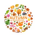 Autumn collection circle. Fall branch animals and orange yellow leaves symbols of autumn vector round shape floral