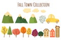 Autumn collection with trees, mountains, houses, car and clouds icons. Royalty Free Stock Photo