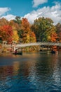 Autumn color and the Bow Bridge, at The Lake, in Central Park, Manhattan, New York City Royalty Free Stock Photo