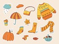 Autumn color doodle stickers. Hand drawn vector set of sketches: jumper, umbrella, boots, cloud, leaves, pumpkins, mushrooms.