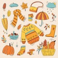 Autumn color doodles. Hand drawn vector set of sketches: jumper, umbrella, boots, cloud, mushrooms, leaves, pumpkins. Autumn