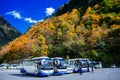 Autumn color forest and sightseeing buses