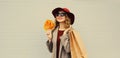 Autumn color style outfit, beautiful elegant happy lady woman with shopping bag holds yellow maple leaves wearing hat and coat Royalty Free Stock Photo