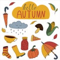 Autumn colored doodles - umbrella, rain, corn, rubber boots, vector set of elements Royalty Free Stock Photo