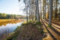 Autumn colored tourism trail in the woods Royalty Free Stock Photo