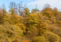 Autumn colored trees background with chapel of Sacro Monte of Varese, Italy Royalty Free Stock Photo