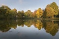 Autumn colored trees reflecting in park lake giving beautiful scenery