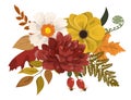 Fall rustic arrangement with flowers, leaves. Thanksgiving day card