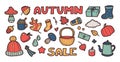 Autumn colorful icons doodles elements collection. Vector set isolated Royalty Free Stock Photo