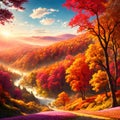An autumn colorful landscape, beautiful orange red trees in the forest near river. Generative Ai Royalty Free Stock Photo