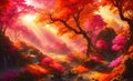 An autumn colorful landscape, beautiful orange red trees in the forest near river. Generative Ai Royalty Free Stock Photo