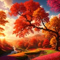 An autumn colorful landscape, beautiful orange red trees in the forest near river. Generative Ai Royalty Free Stock Photo