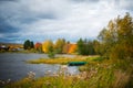 Autumn colorful landscape, lake, trees and colorful leaves, countryside in Russia Royalty Free Stock Photo