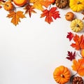 Autumn colorful leaves and orange pumpkins on wite background. Season template with autumn leaves and copy space.