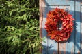 Autumn colorful maple leaves wreath on the blue rustic door Royalty Free Stock Photo