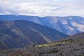 Autumn colorful tundra on the background mountain peaks. Mountain landscape in Kola Peninsula, Arctic, Khibiny Mountains