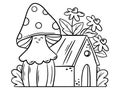 Autumn coloring page for kids. Outline illustration of mushroom and house. Cartoon magic building. Royalty Free Stock Photo