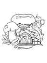 Autumn coloring page for kids. Outline illustration of mushroom house under flower. Cartoon magic building.