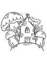 Autumn coloring page for kids. Outline illustration of mushroom house under flower. Cartoon magic building. Royalty Free Stock Photo