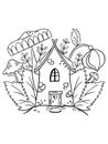 Autumn coloring page for kids. Outline illustration of mushrooms and house. Cartoon magic building.
