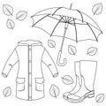 Autumn coloring set: raincoat, boots, umbrella and leaves. Vector illustration