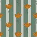 Autumn colors seamless pattern with brown simple flower elements. Grey and green striped background Royalty Free Stock Photo