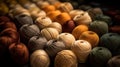 Autumn colors yarn balls background, web banner. Many earthy tones yarn threads for knitting craft background