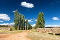 Autumn colour poplar trees lining the side of dirt at a stone walled gate Royalty Free Stock Photo