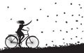 Autumn come, girl riding on the bicycle and autumn leaves falling, silhouette, black and white,