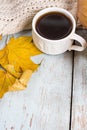 Autumn comfort. autumn still life. Coffee, plaid and autumn leaves on a blue wooden table Royalty Free Stock Photo