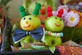 Autumn composition of apples,children`s exhibition of autumn compositions of apples, apples caterpillar Royalty Free Stock Photo