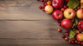 Autumn composition with apples and rowan berries on rustic wooden background Generative AI