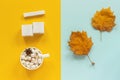 Autumn composition. Blank wooden white cubes mockup for your calendar data, cup of cocoa with marshmallows and yellow autumn