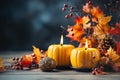 Autumn composition of candles shape of the pumpkin and maple leaves on wooden background. Generative AI