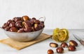 Autumn composition of chestnuts and hedgehog just picked Royalty Free Stock Photo