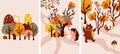 Autumn composition with colorful trees, a happy hedgehog, cute bear, autumn leaves and mushrooms. Perfect for your