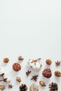 Autumn composition. Cotton, pine cones, acorns on white background. Flat lay, top view, copy space