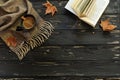 Autumn composition. Cup of coffee, scarf, open book, maple leaves on black wooden background with copy space, top view. Royalty Free Stock Photo