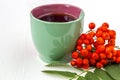 Autumn composition. Cup of tea with bunch of rowan berries on a white wooden rustic