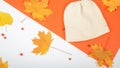 autumn composition. dried autumn leaves, hat. Flat lay, top view, copy space