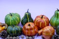 Autumn composition. Dried leaves, pumpkins, flowers, rowan berries on light purple background. Autumn, fall, halloween, Royalty Free Stock Photo