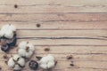 Autumn composition. Dried white fluffy cotton flower top view on white wood with copy space. Floral composition