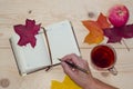 Autumn composition empty diary blank, female hand holds a pen, apple, hot tea, colored maple leaves on a light wooden background.