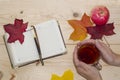 Autumn composition empty diary blank and pen, female hands holding a mug with hot tea, fallen colored maple leaves