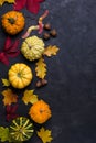 Autumn composition. Frame made of different multicolor dried leaves and pumpkin on dark background. Autumn, fall concept. Flat lay